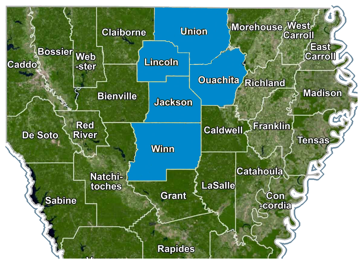Glass N Go service area map highlighting Union, Lincoln, Ouachita, Jackson, and Winn parishes in blue